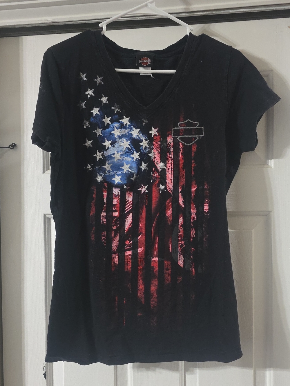 Harley-Davidson Black V-Neck Long Sleeve Tee with American Flag Graphic